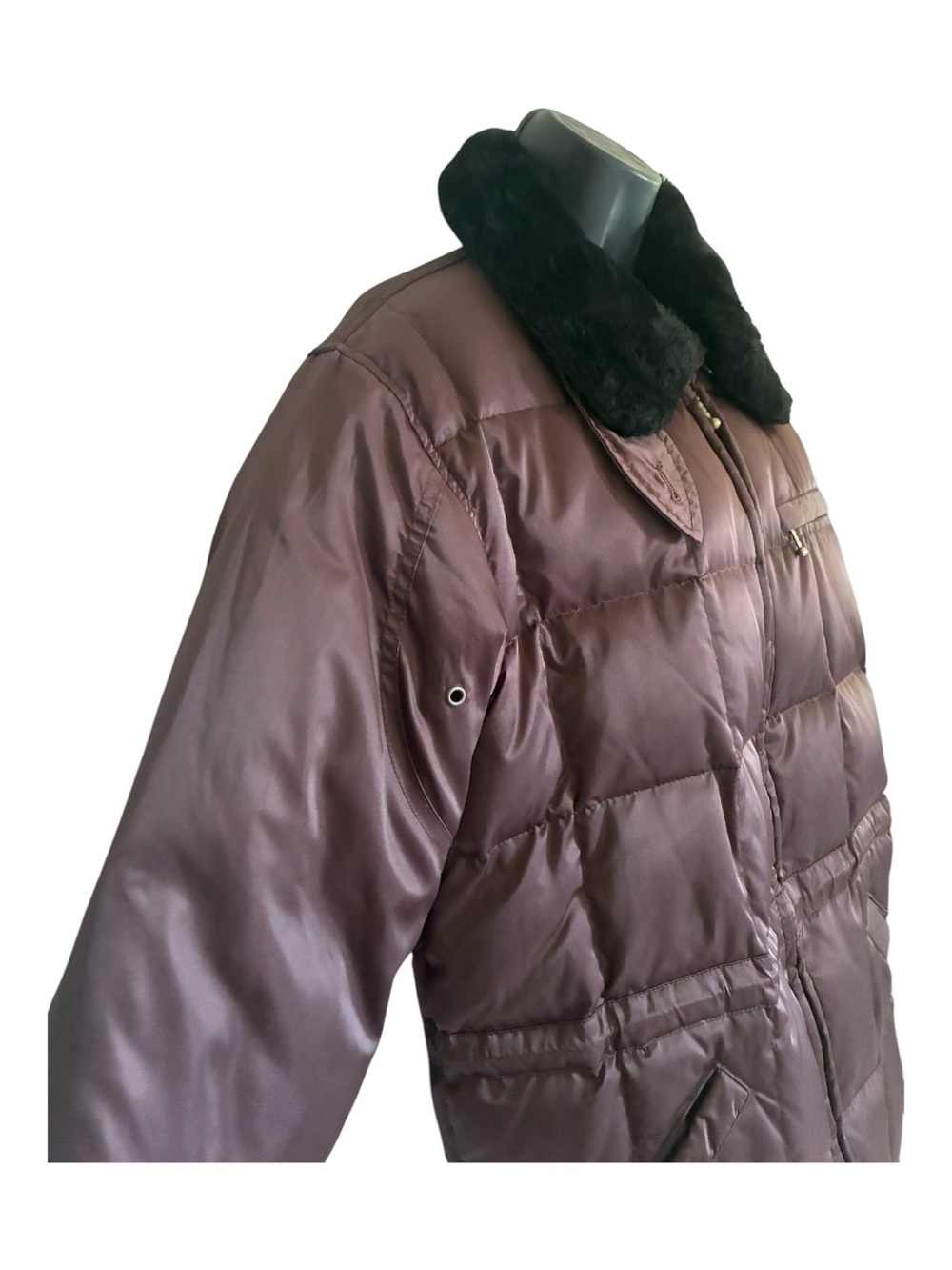 Vintage 90s Worthington Cabincore Plum Puffer Jacket Black Faux Fur Collar Sz PS - Picture 5 of 10